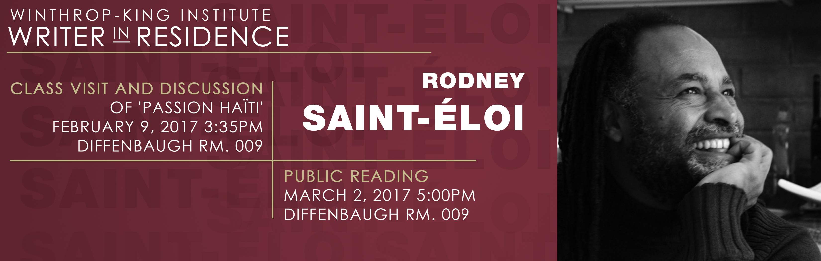 Banner for Writer in Residence, Rodney Sain-Éloi